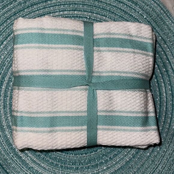 Set of Six Teal Ombre Round Weave Placemats, Table Runner, Mitts, Towels ++++ - Picture 16 of 16